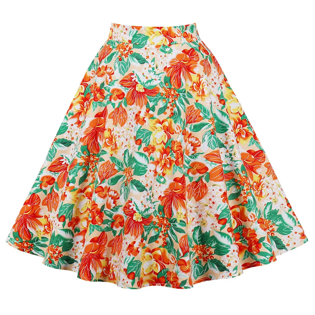 Women's Vintage A-line Flower Printed Pleated Flared Midi Skirt